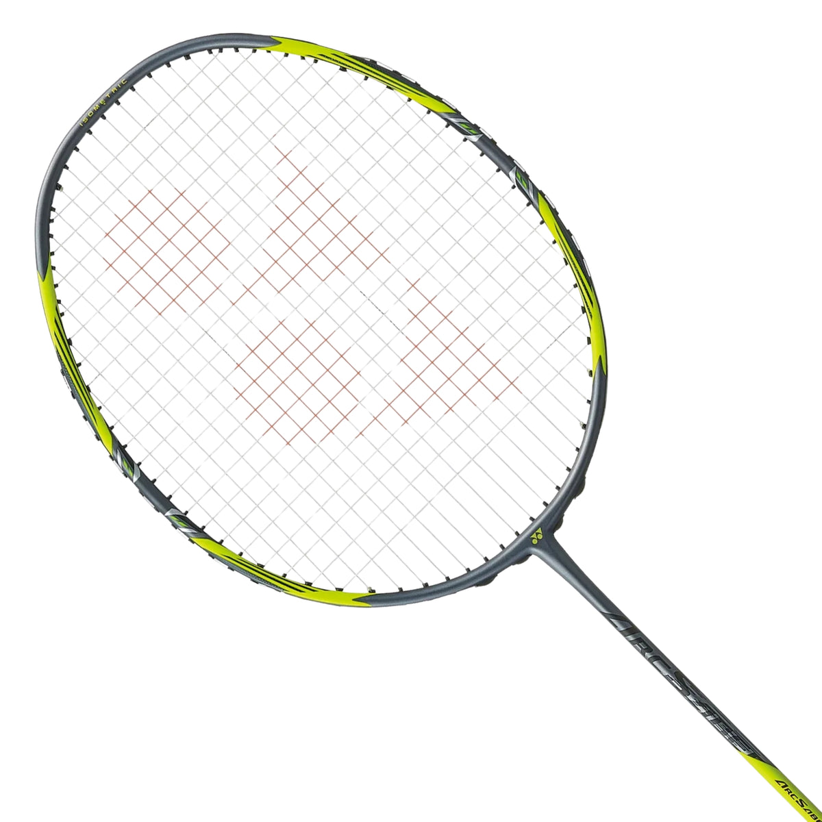 Badminton racket with a white strings background on a white background