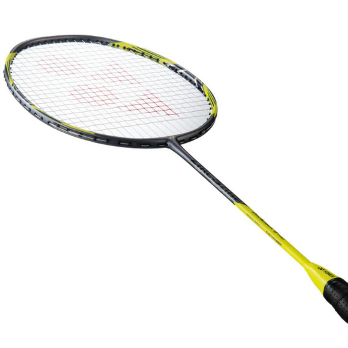 Yellow and black badminton racket on a white background