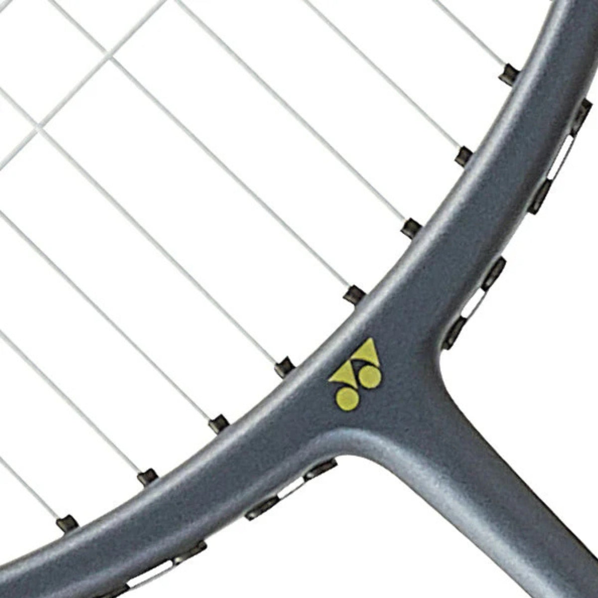 Close-up of a badminton racket with a brand logo on a white background
