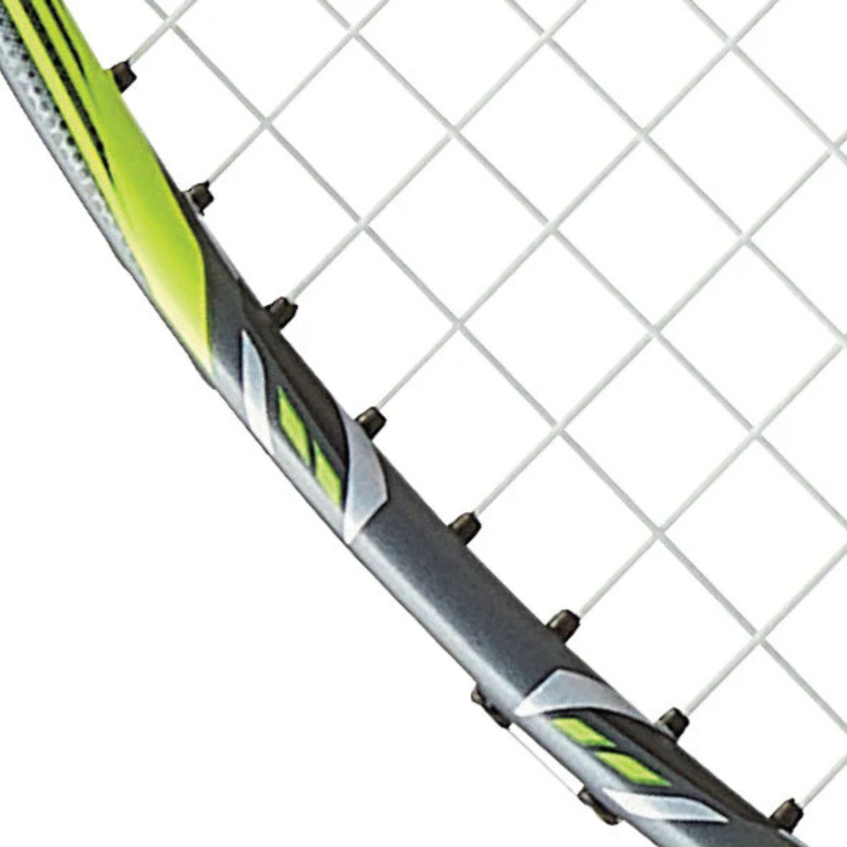 Close-up of a badminton racket with a white fence background