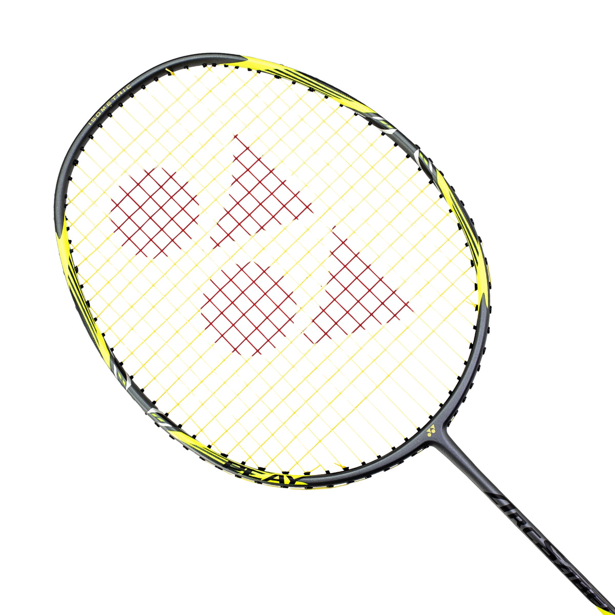 Badminton racket with a black and yellow frame on a white background
