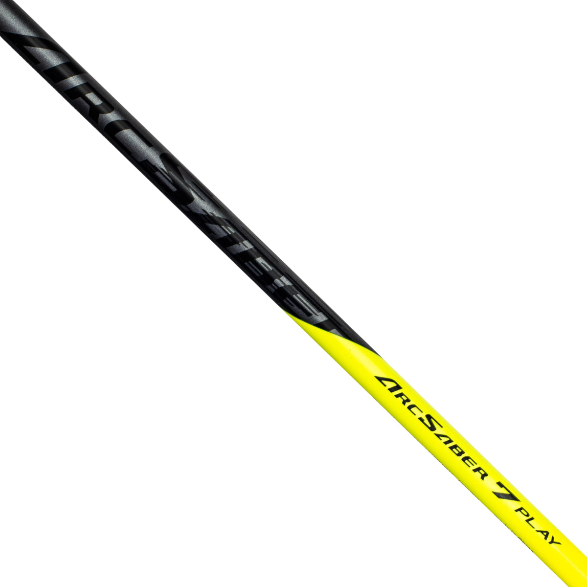 Badminot racket with black and yellow design on a white background