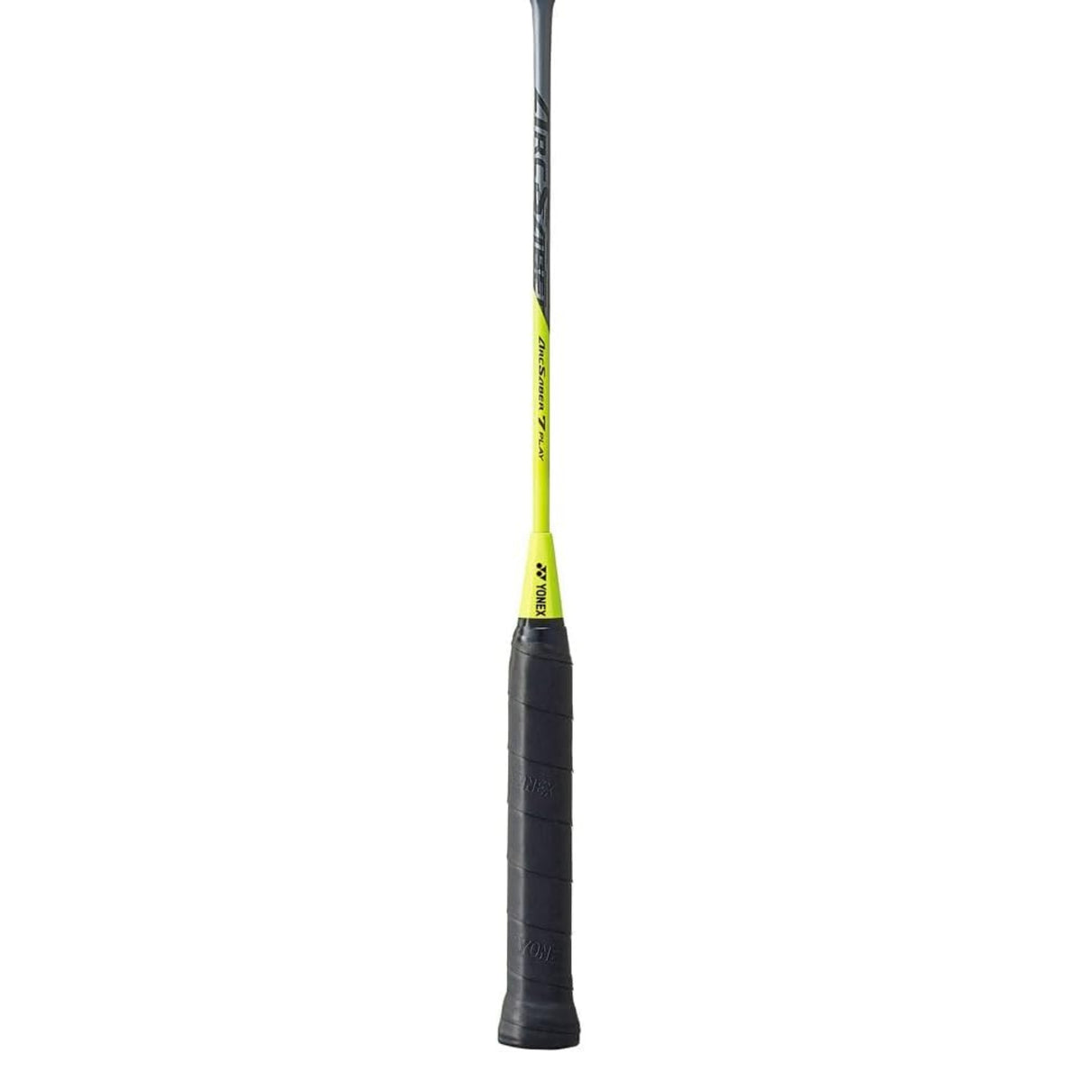 Badminton racket with black and yellow design on a white background