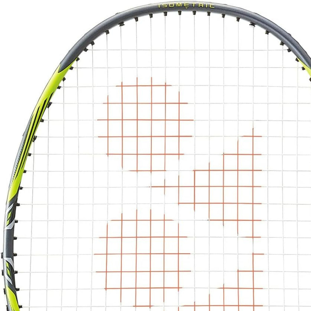Badminton racket with a detailed view of the strings on a white background