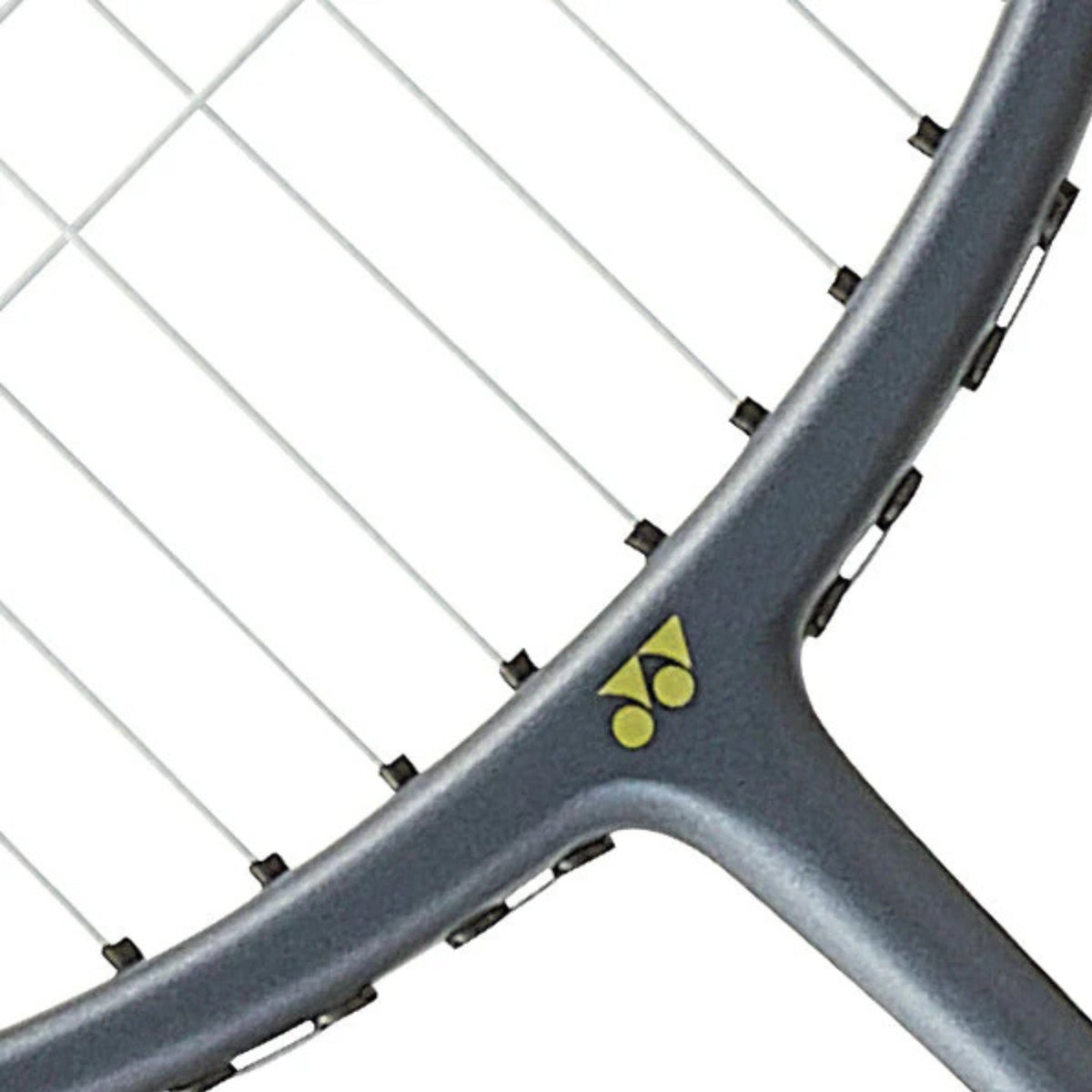 Close-up of a badminton racket with a brand logo on a white background
