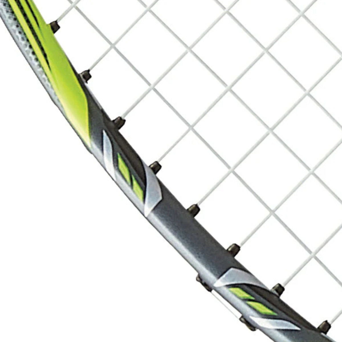 Close-up of a badminoton racket with a white fence background