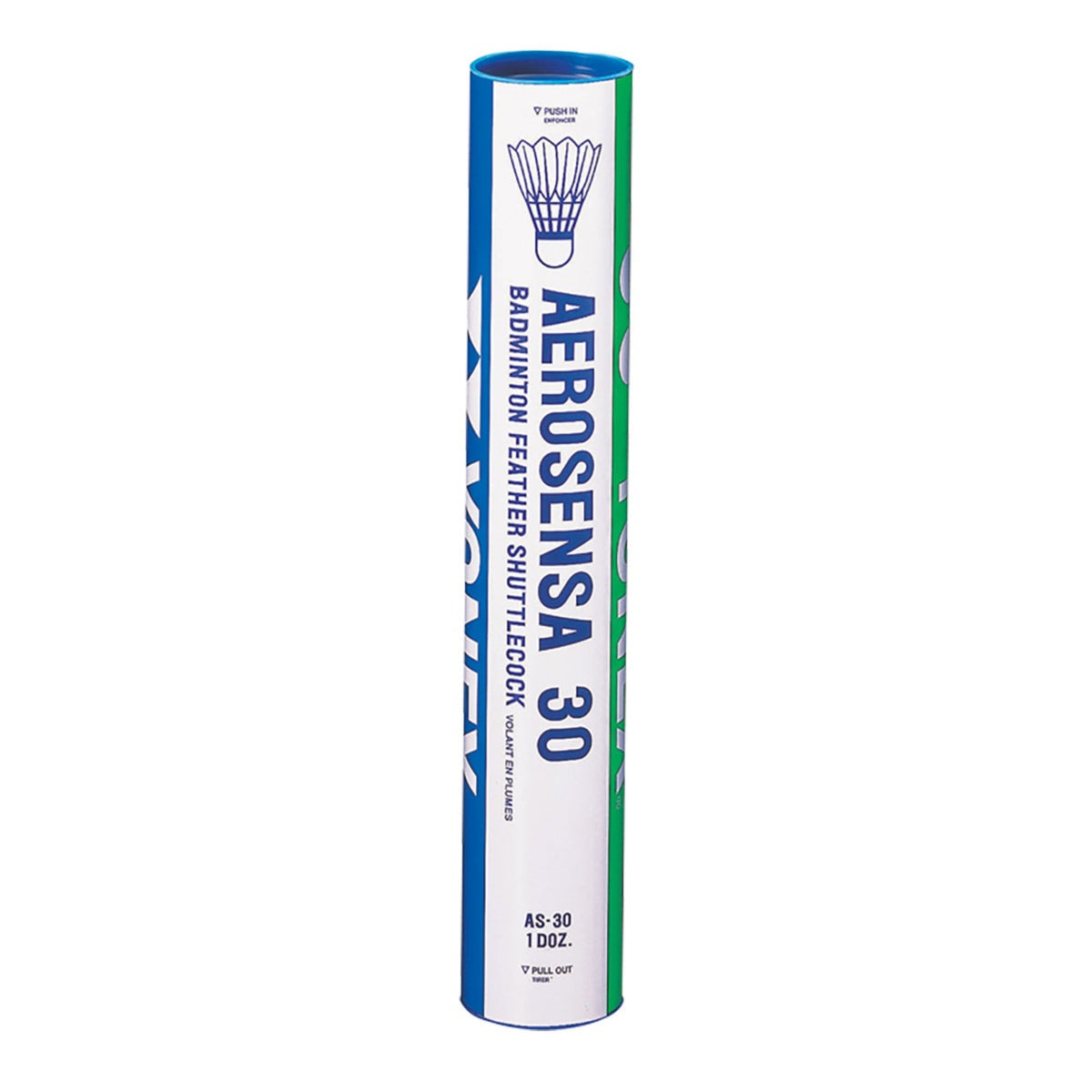 Aerosensa 30 badminton shuttlecocks packaging on a white background