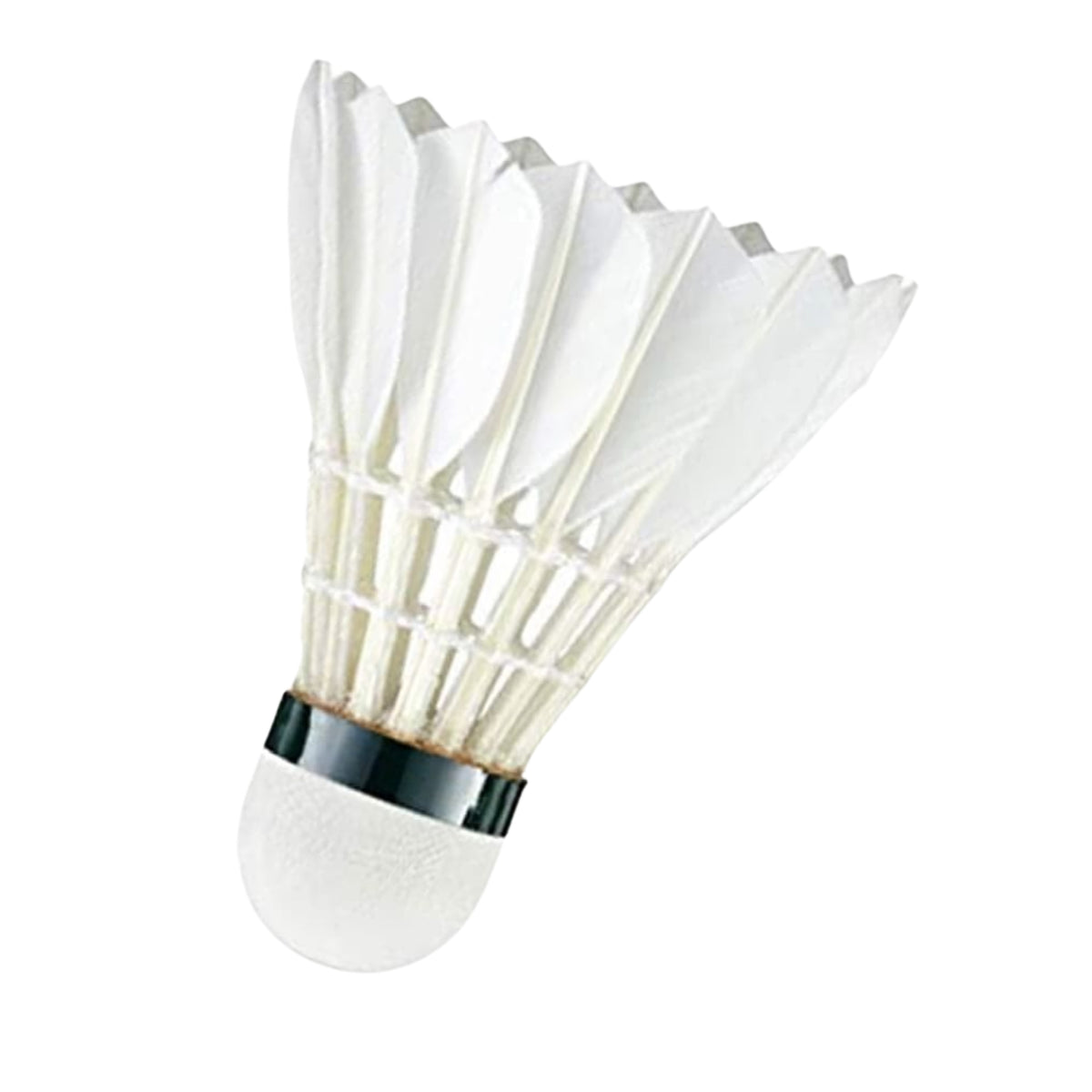 White badminton shuttlecock with black base on a white background