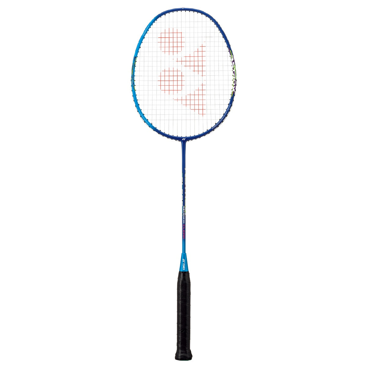 Badminton racket with blue frame and black handle on a white background