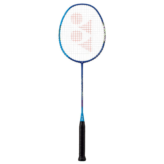 Badminton racket with blue frame and black handle on a white background
