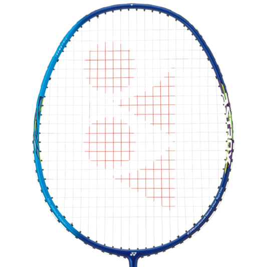 Blue badminton racket with a white strings pattern on a white background