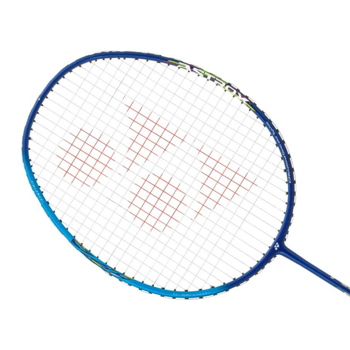 Blue badminton racket with a white strings background on a white background