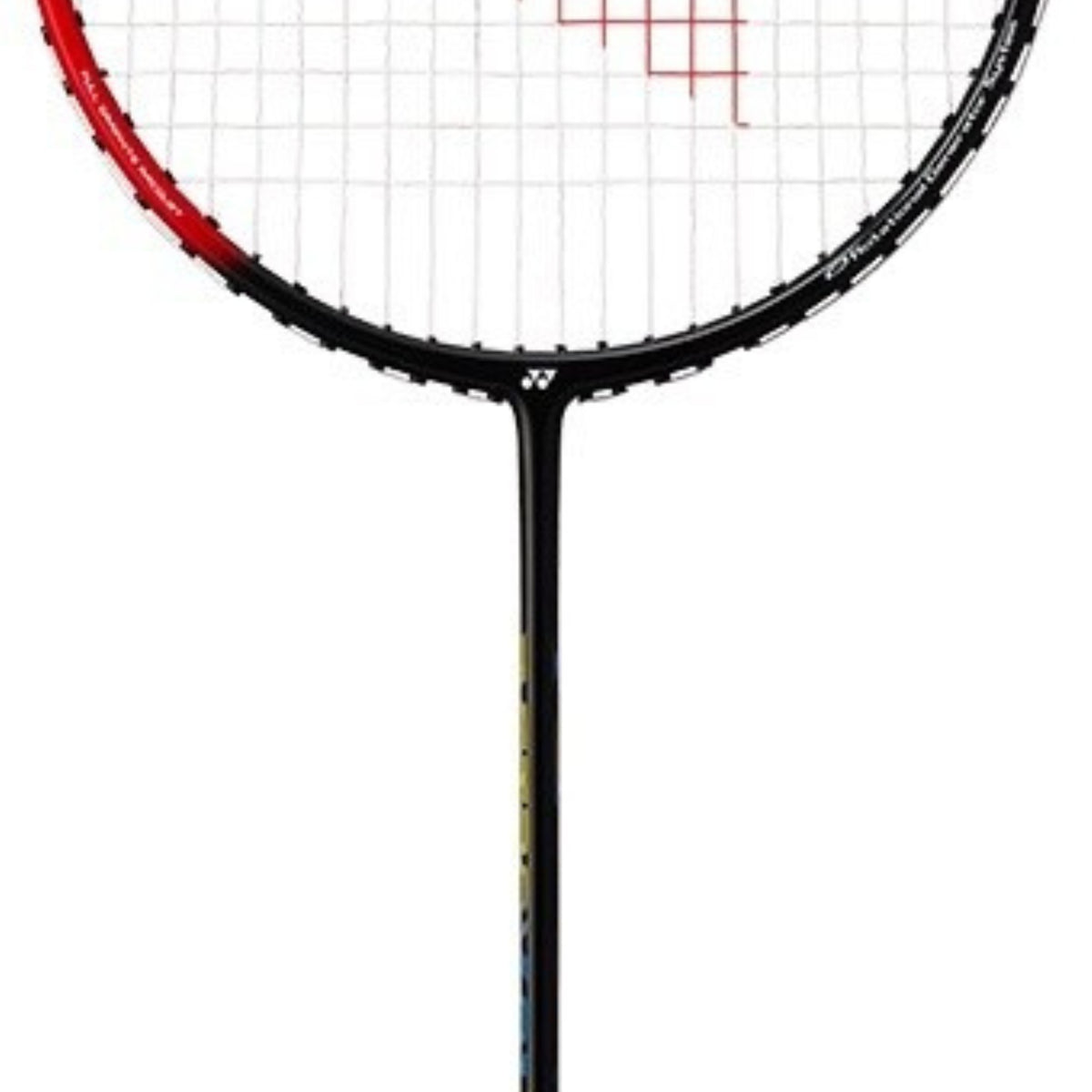 Badminton racket with red strings on a white background