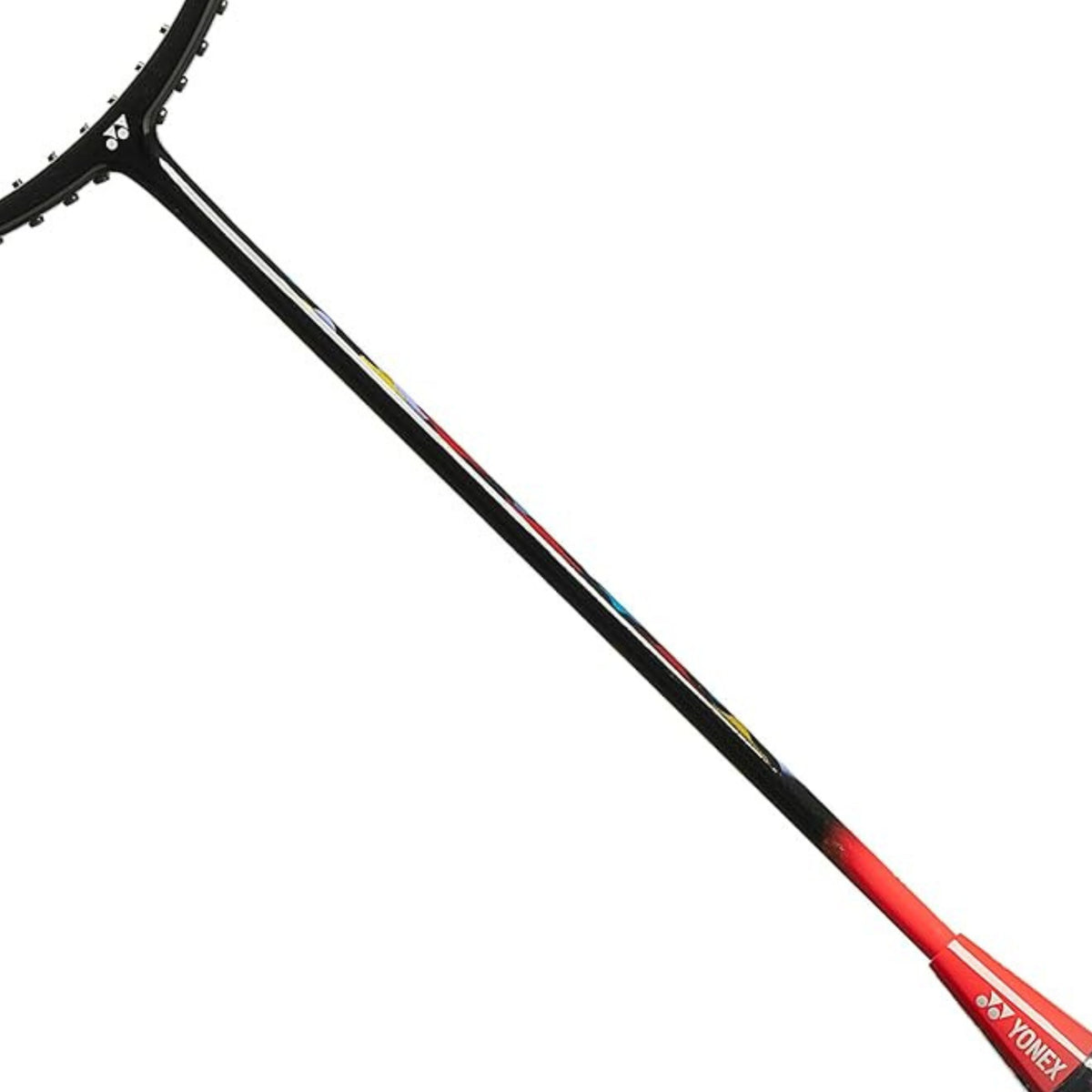 Black and red badminton racket with Yonex branding on a white background