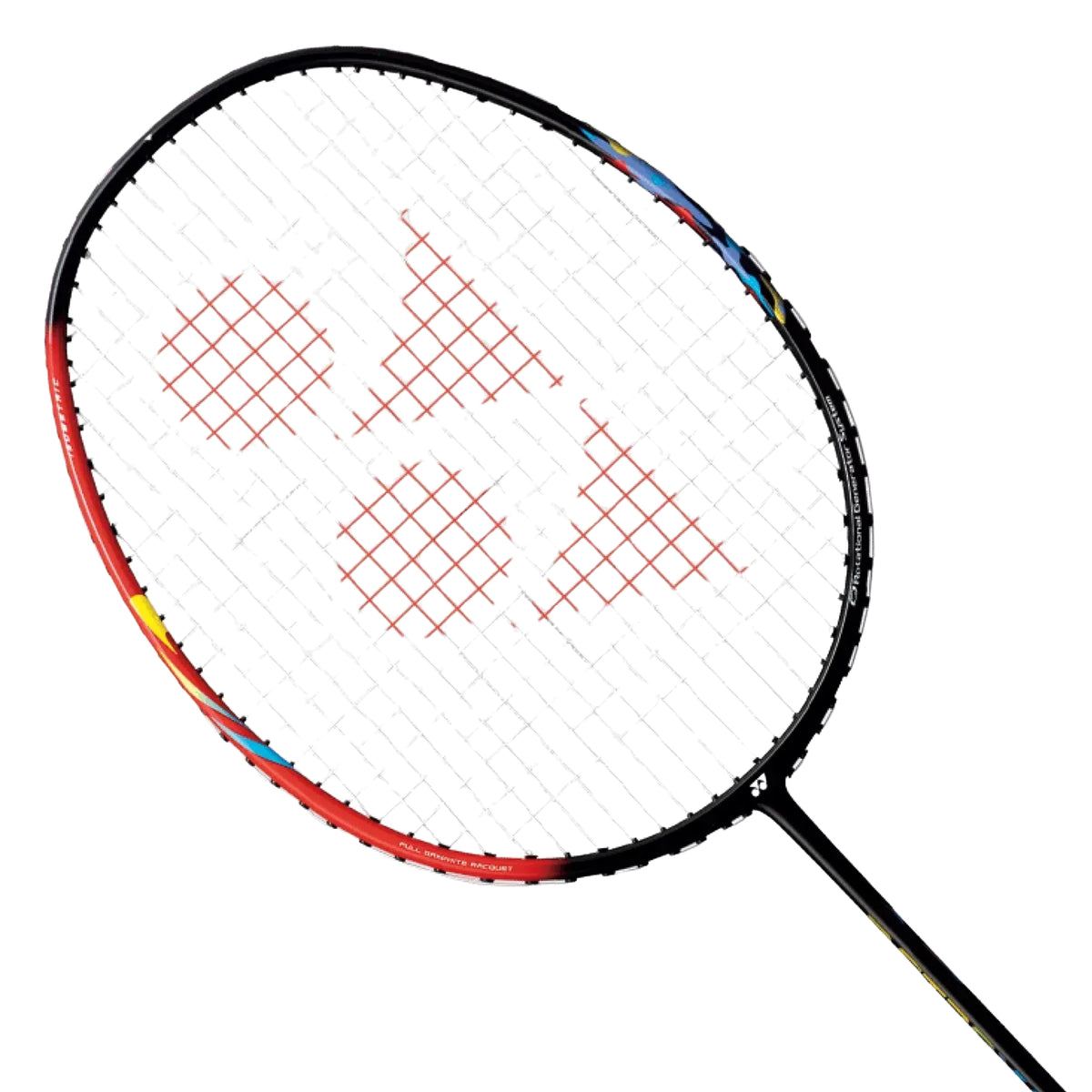 Badminton racket with a red and black design on a white background