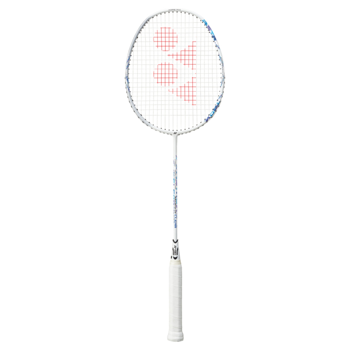 Badminton racket with a white handle and red and blue design on the strings against a white background