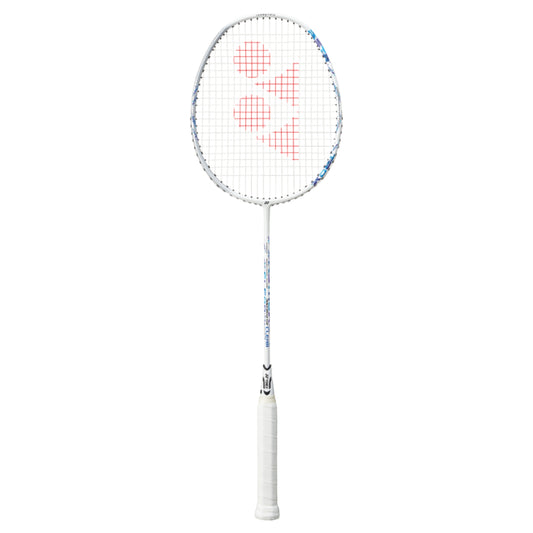 Badminton racket with a white handle and red and blue design on the strings against a white background
