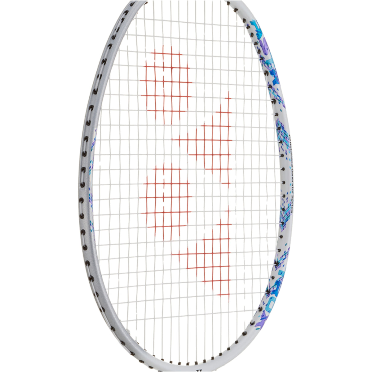 Badminton racket with a white frame and colorful design on a white background