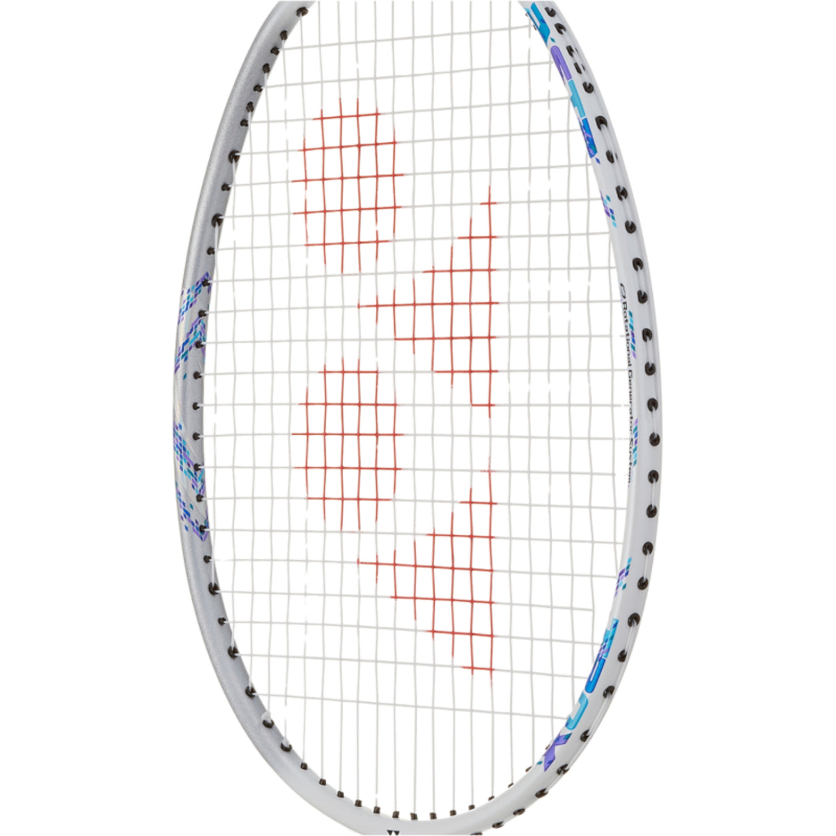 Badminton racket with a white frame and red strings on a white background