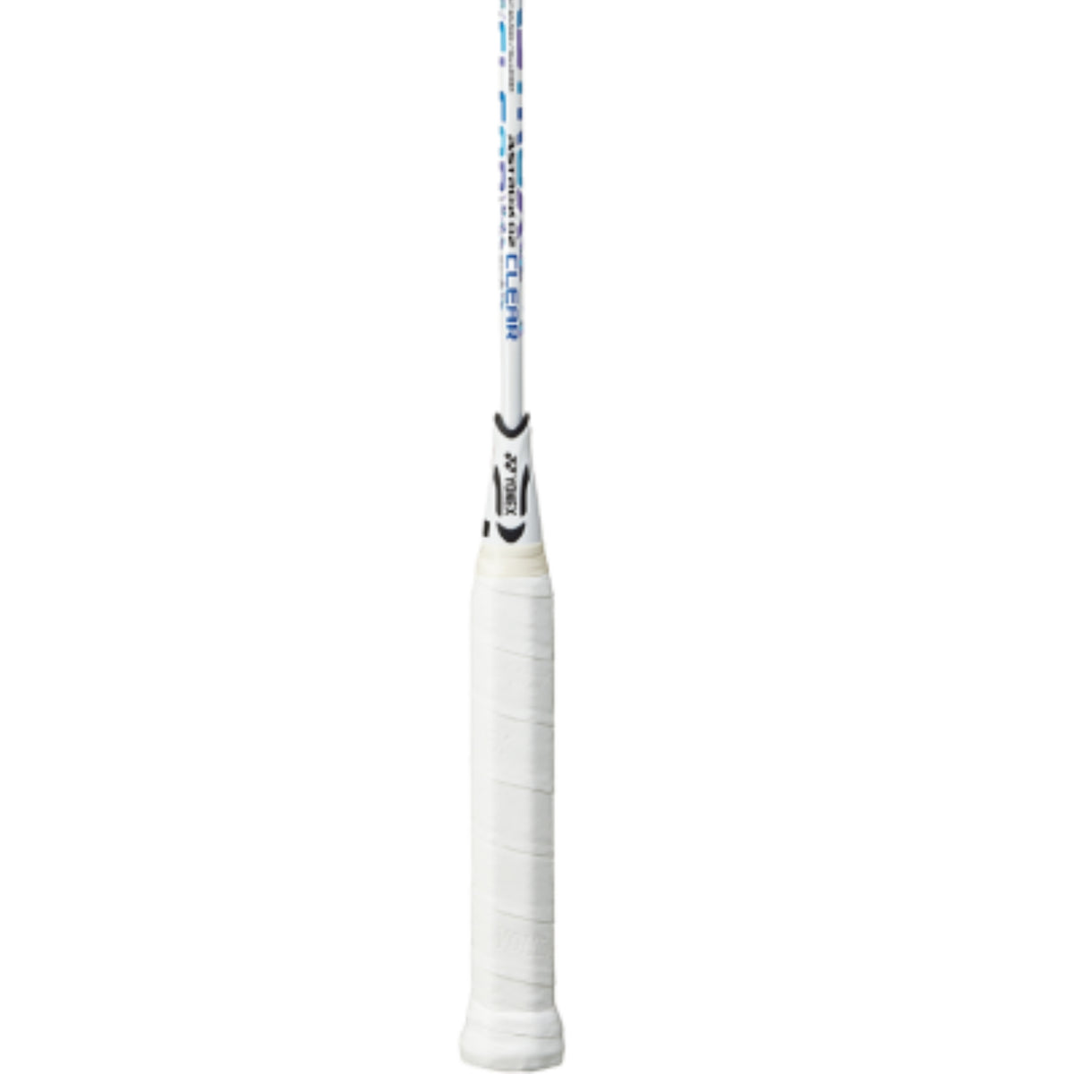 White badminton racket with blue text on a white background