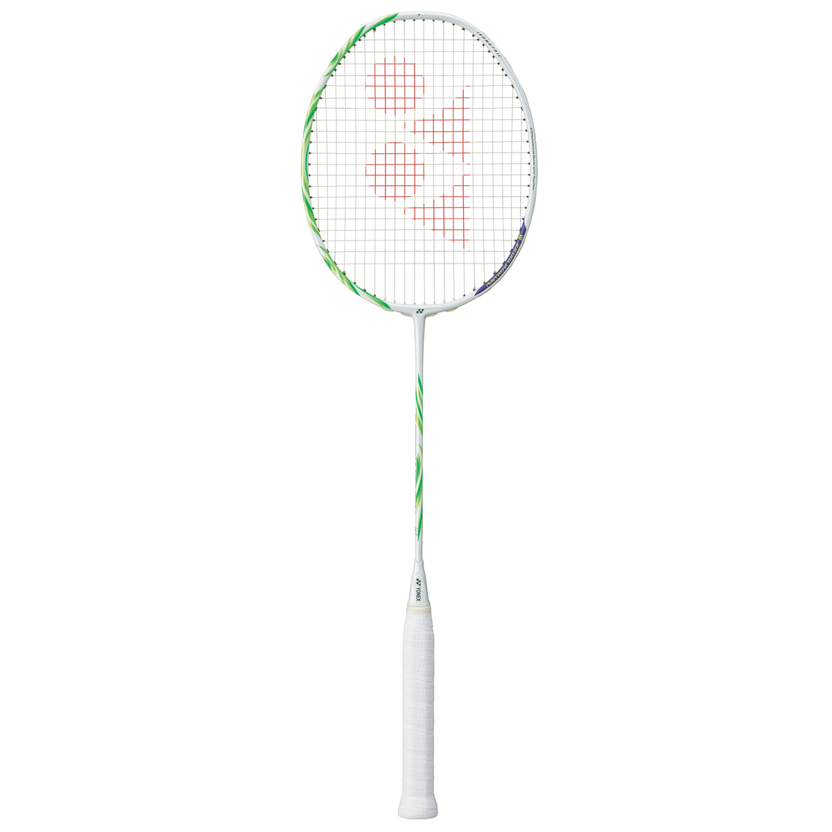 Badminton racket with a white handle and green frame on a white background