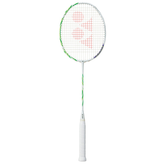 Badminton racket with a white handle and green frame on a white background