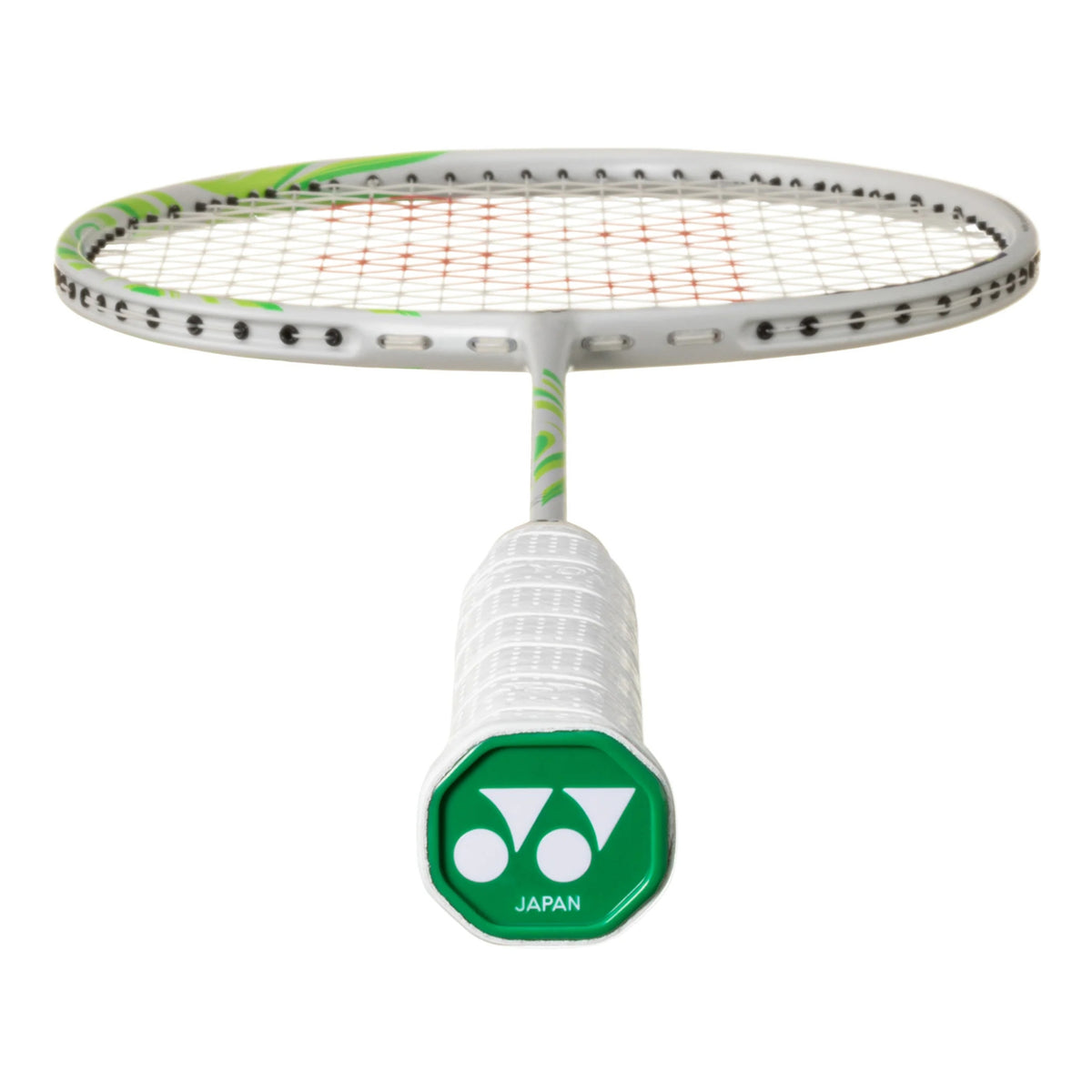 Badminton racket with a green Yonex logo on a white background