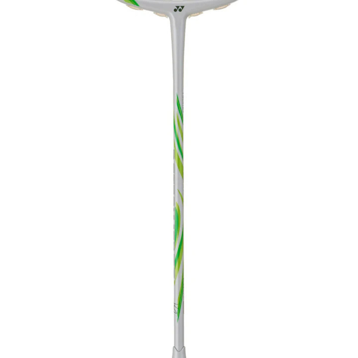 White badminton racket with green and yellow design on a white background