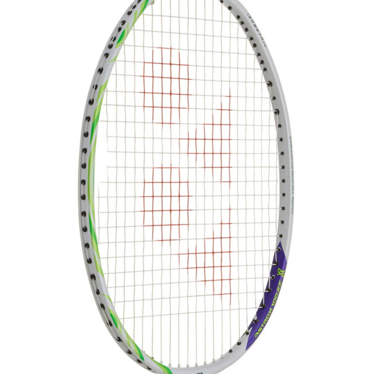 Badminton racket with a white strings background on a white background