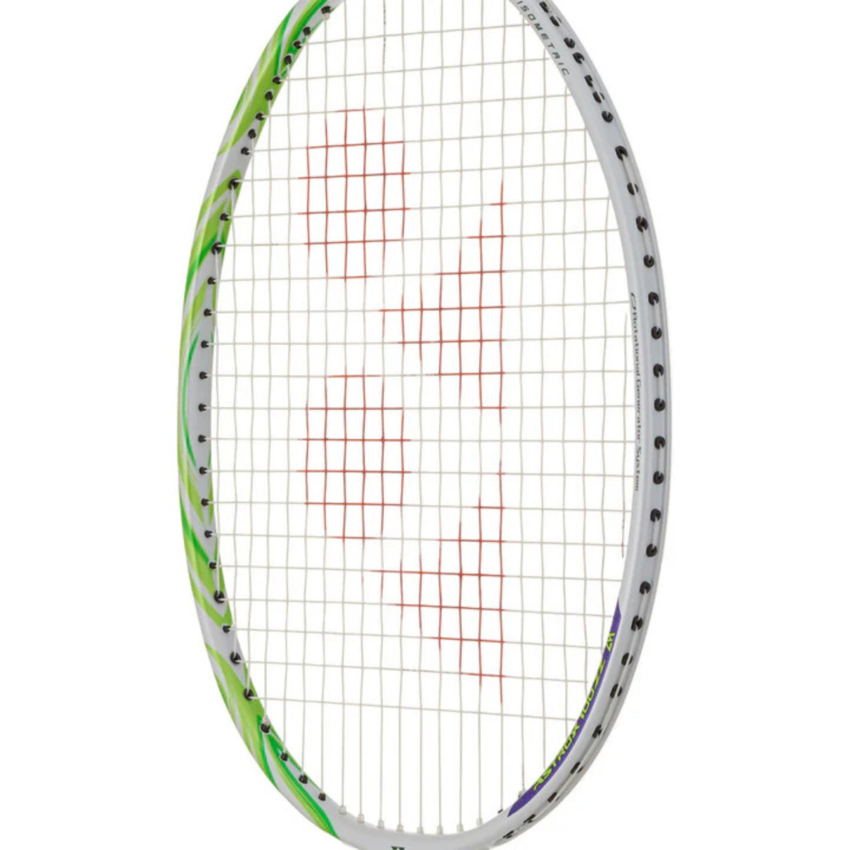 Badminton racket with a white strings background on a white background