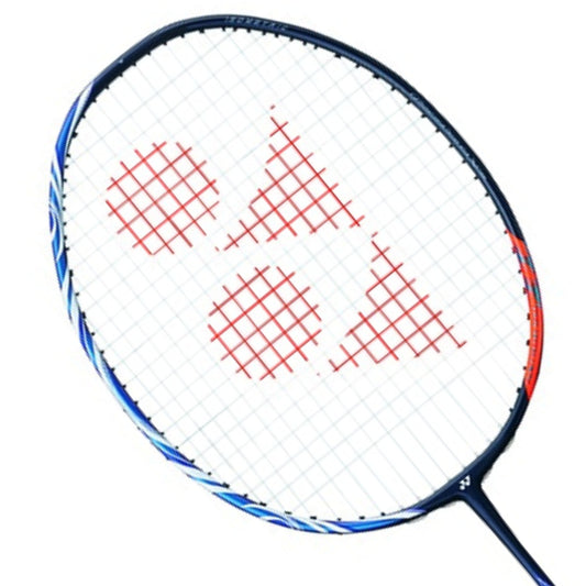 Badminton racket with red and blue design on a white background