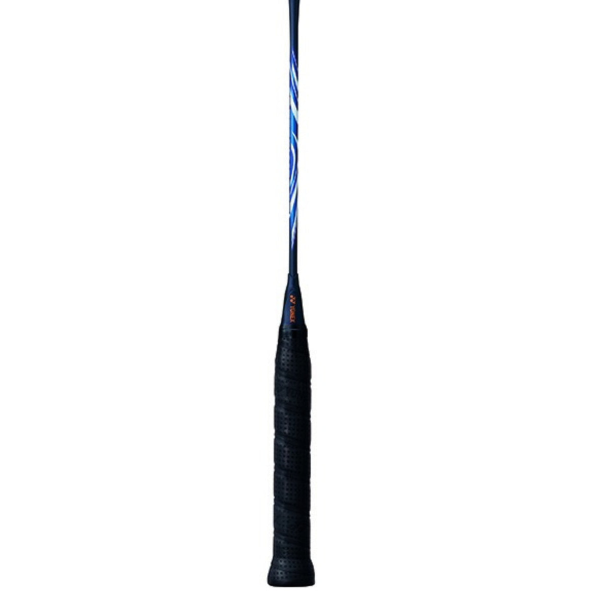 Black and blue badminton racket handle on a white background