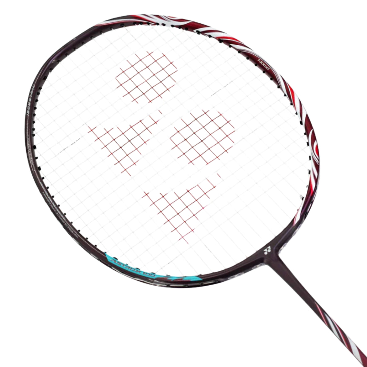 Close-up of a badminton racket with a white strings pattern on a white background
