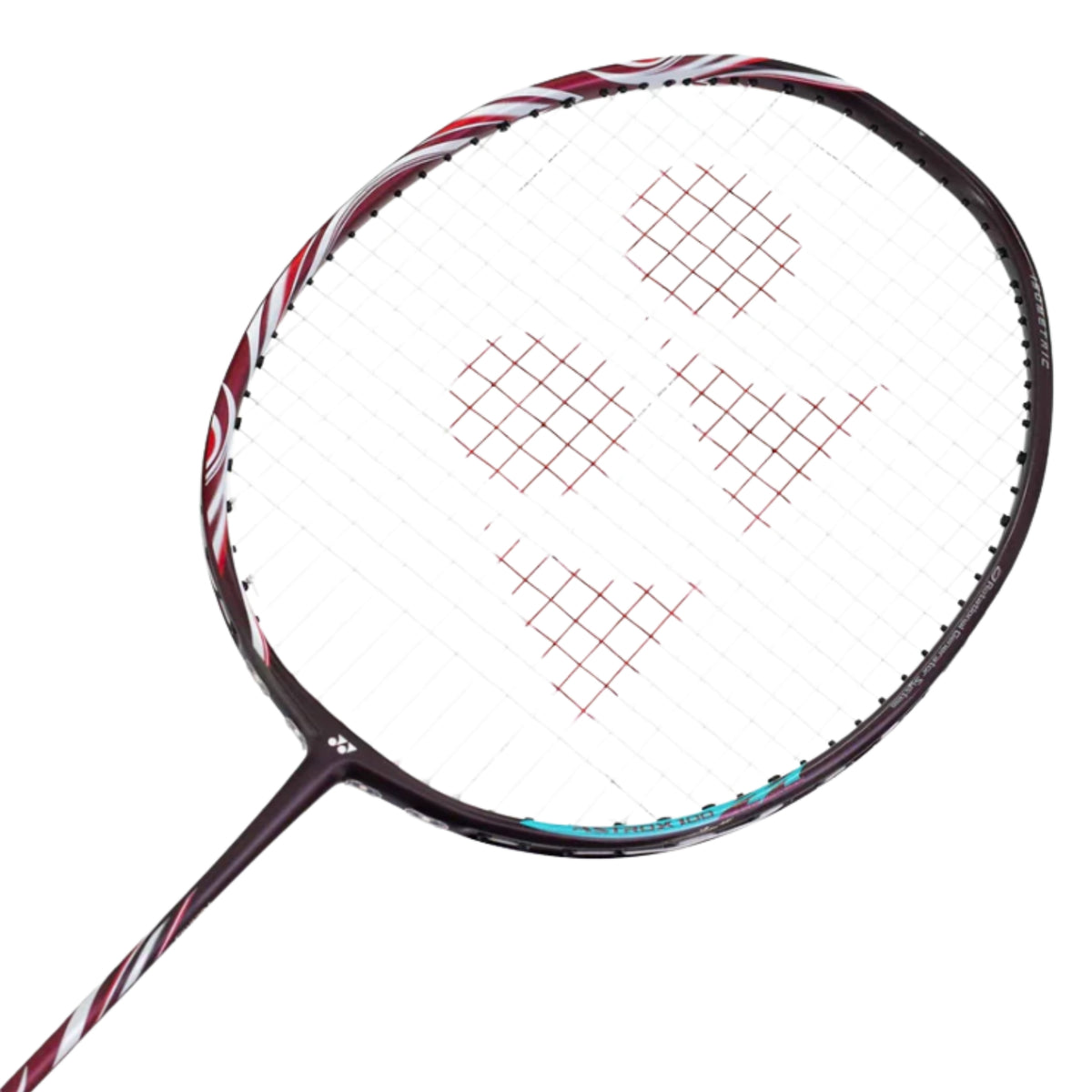 Badminton racket with a white strings pattern on a white background