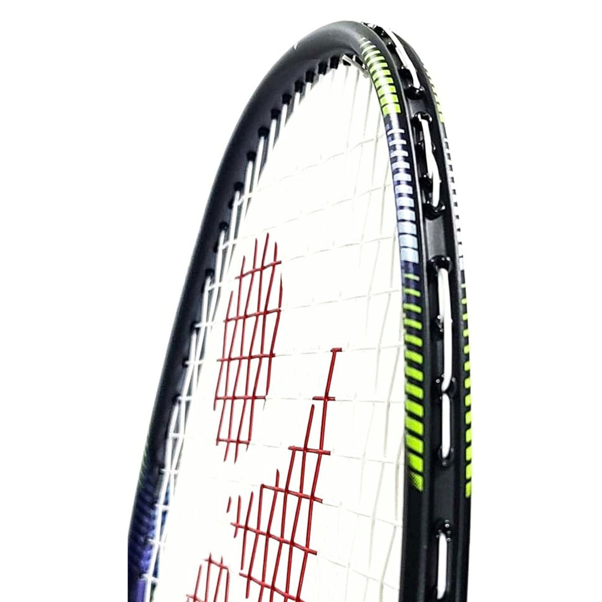 Close-up of a badminton racket with brand logo on a white background