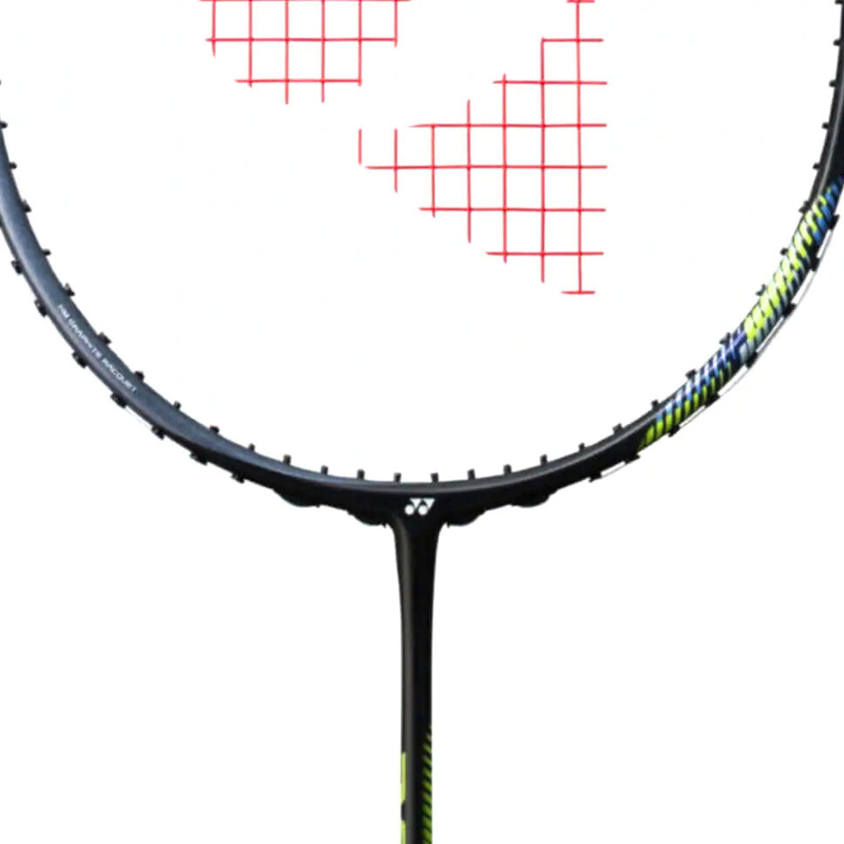 Close-up of a badminton racket with a white background