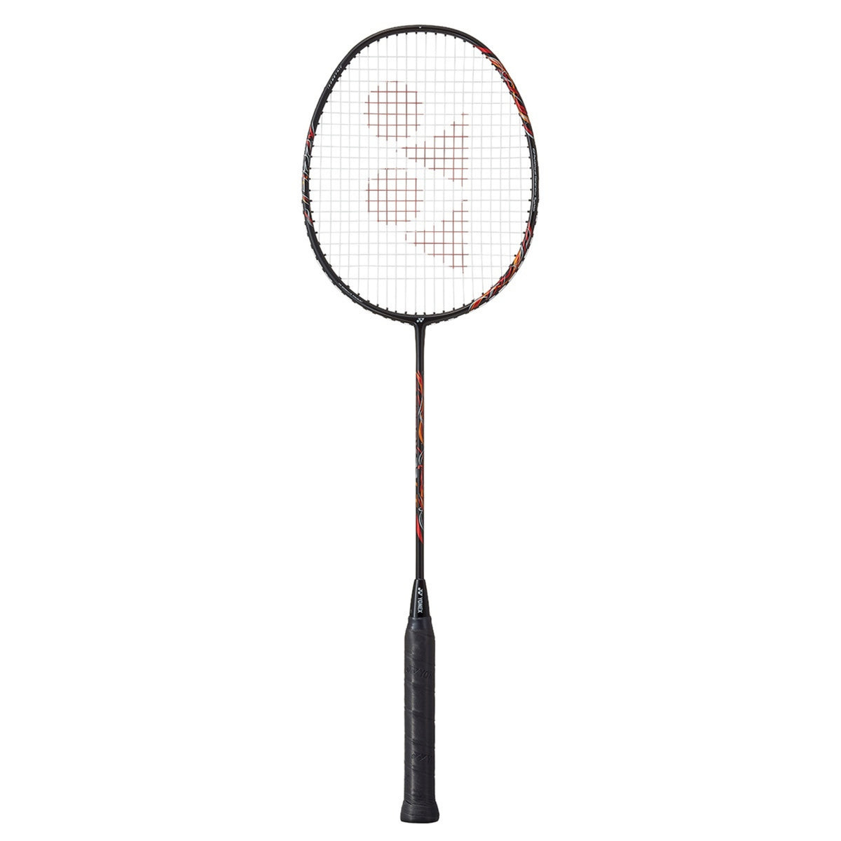 Badminton racket with a white string pattern on a white background