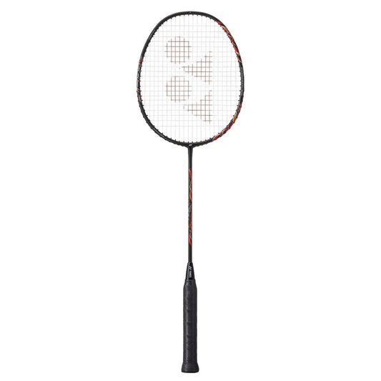 Badminton racket with a white string pattern on a white background