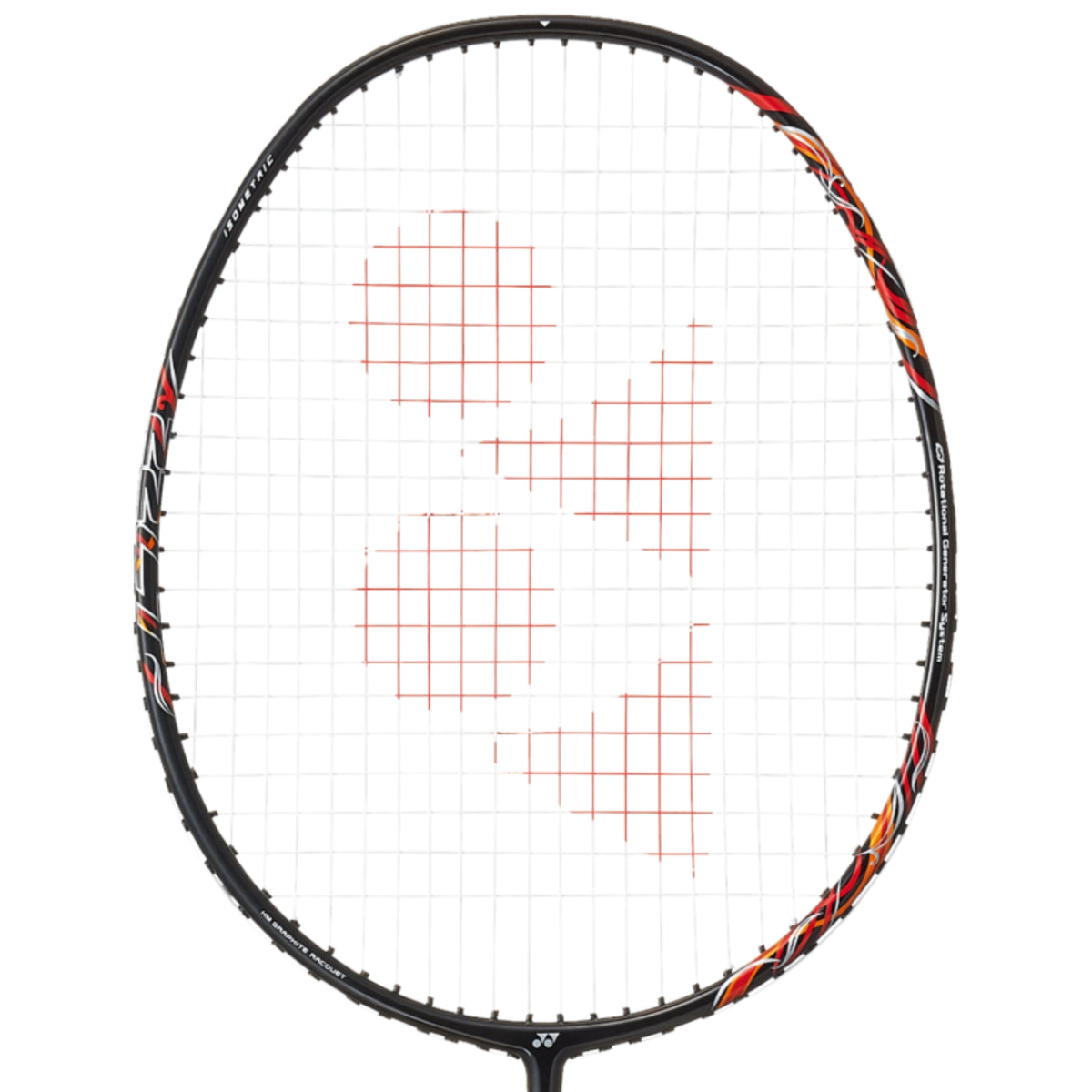 Close-up of a badminton racket with a white background