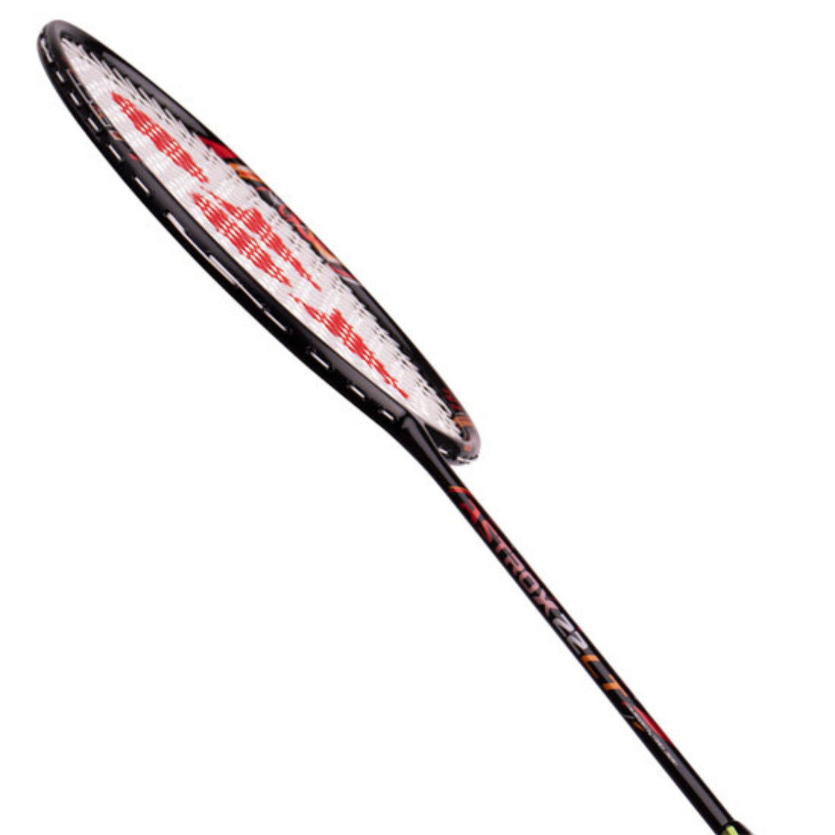 Badminton racket with red and black design on a white background