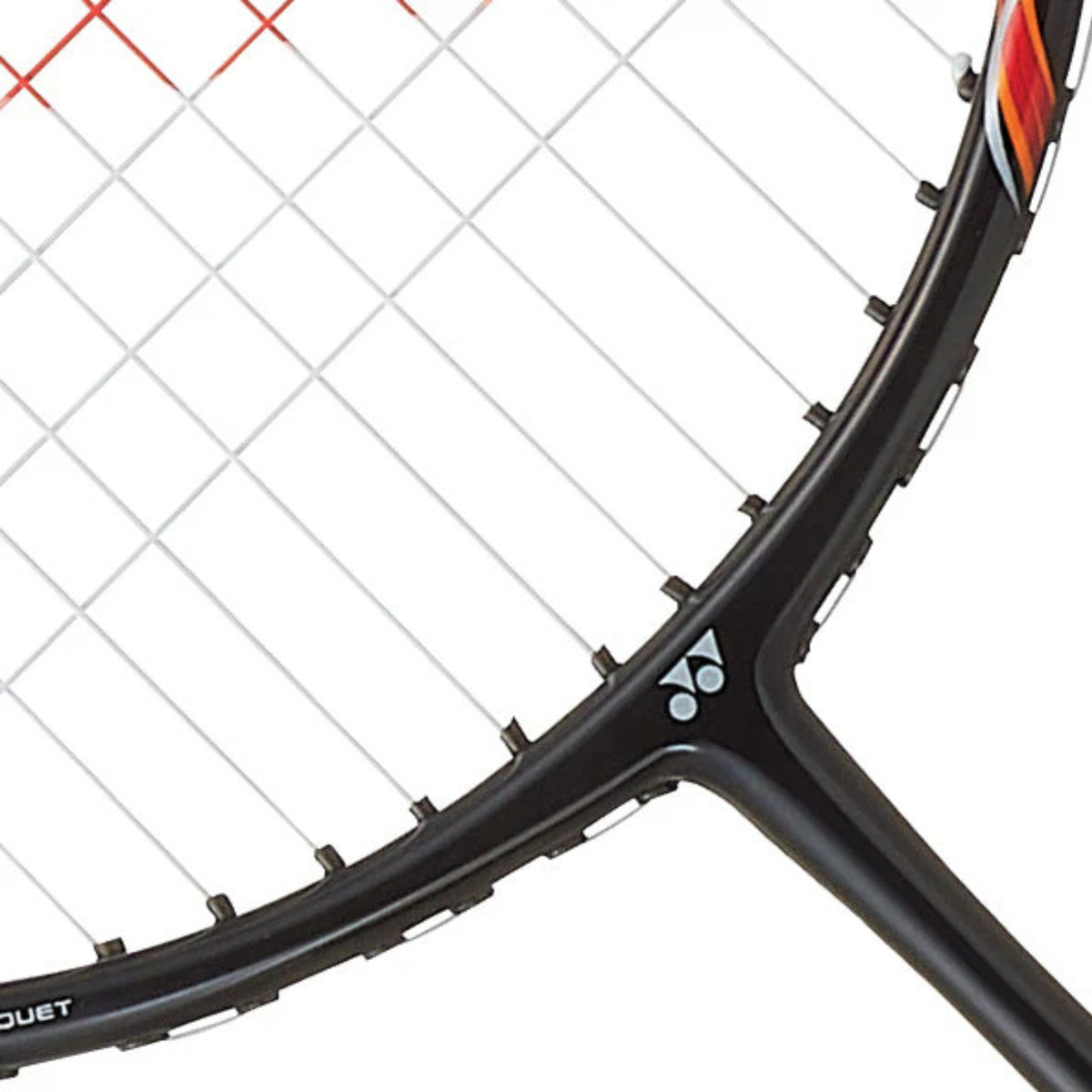 Close-up of a badminton racket with a white grid background