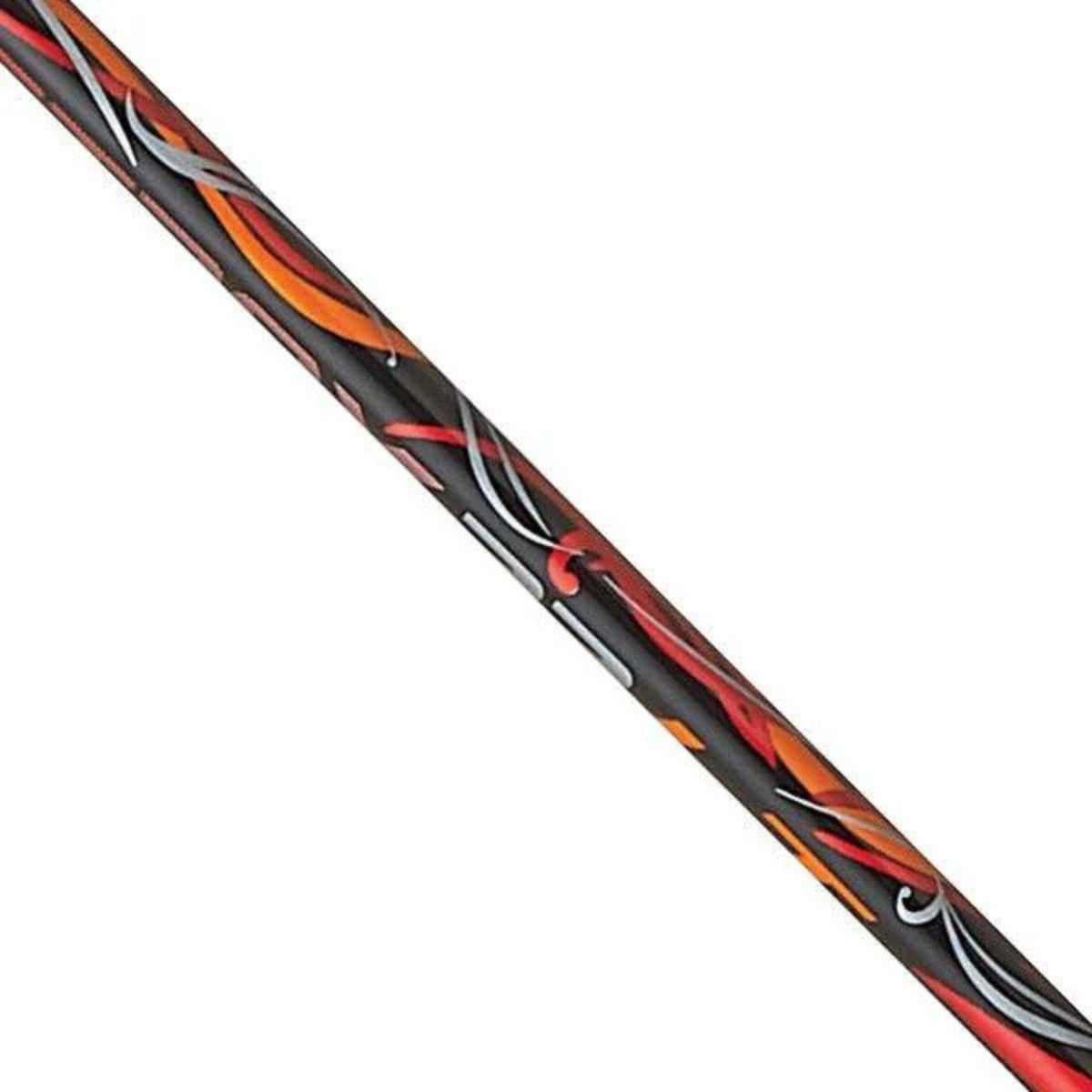 Badminton racket handle with black, red, and orange design on a white background