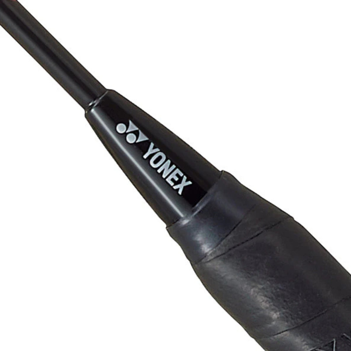 Close-up of a Yonex badminton racket handle on a white background