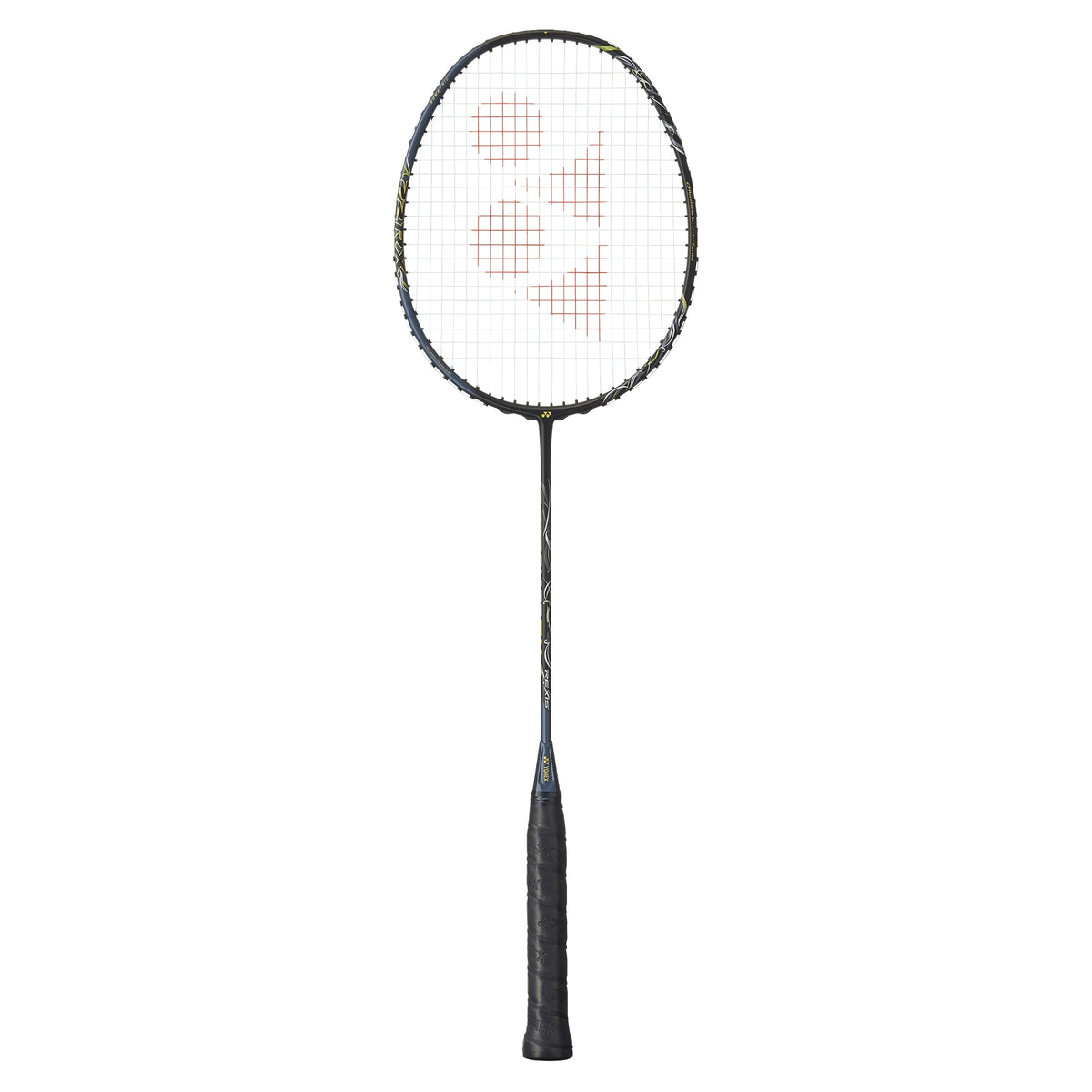 Badminton racket with a white string pattern on a white background