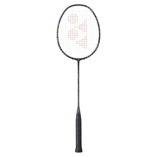 Badminton racket with a white string pattern on a white background