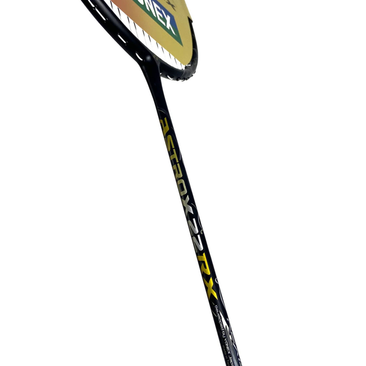 Close-up of a badminton racket with 'Yonex' branding on a white background
