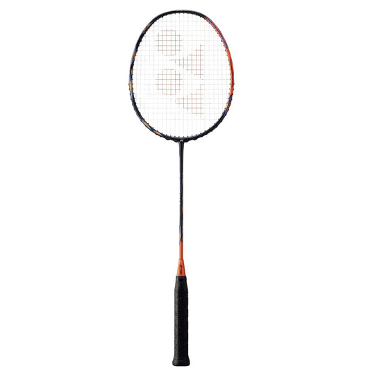 Badminton racket with black and orange design on a white background