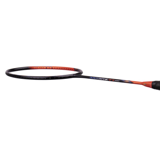 Badminton racket with black and red design on a white background