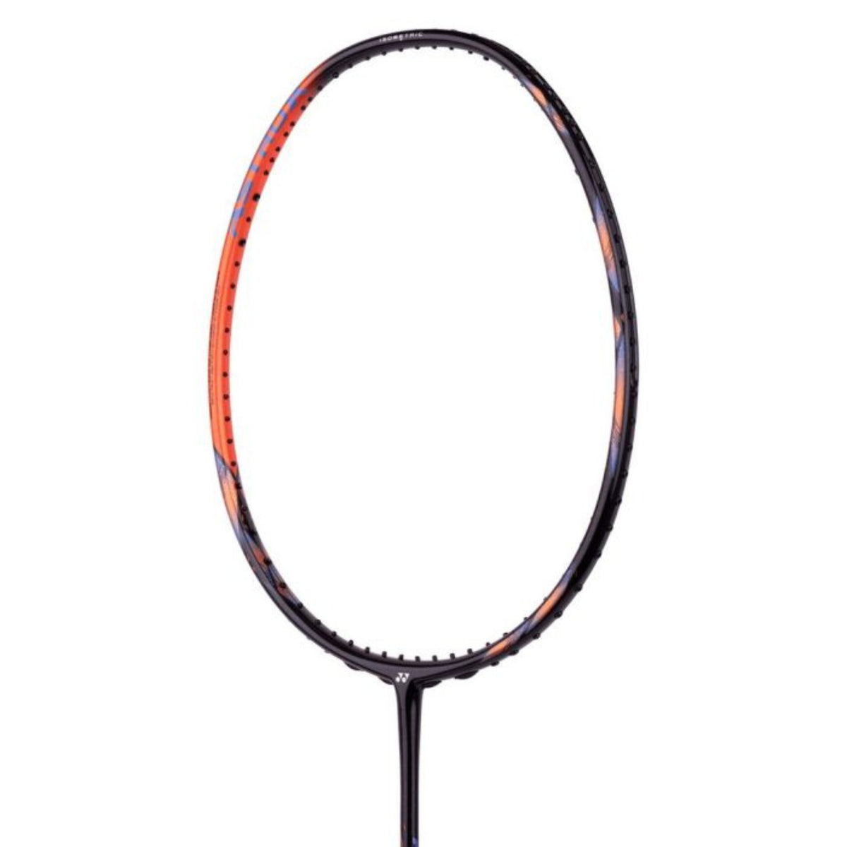Badminton racket with a black and orange design on a white background