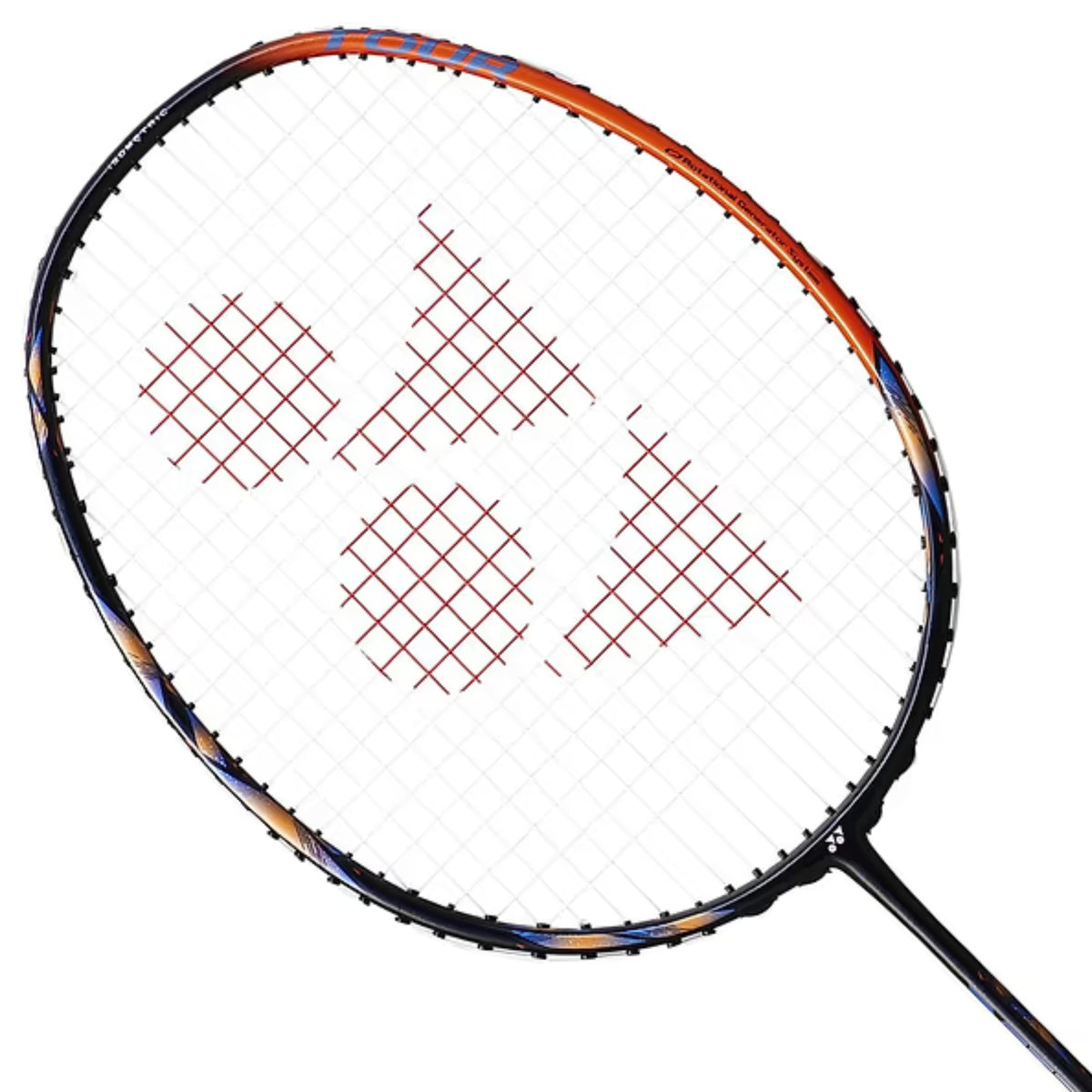 Close-up of a badminton racket with a white strings pattern on a white background